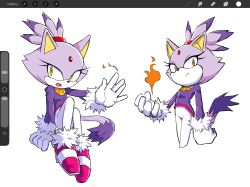  1girl :o animal_ears art_program_in_frame blaze_the_cat cat_ears cat_girl cat_tail closed_mouth commentary english_commentary eyelashes fire forehead_jewel furry furry_female gloves high_heels highres jacket long_sleeves multiple_views open_mouth pants purple_fur purple_jacket pyrokinesis sonic_(series) tail white_background white_gloves white_pants xdaze yellow_eyes 