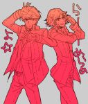  2boys bangs belt chirukome clenched_hand fighting_stance grin hanamura_yousuke headphones headphones_around_neck heapdhones jacket looking_at_viewer loose_shirt male monochrome multiple_boys narukami_yuu pants parucon persona persona_4 short_hair smile standing translation_request 