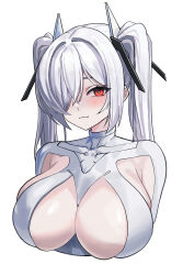  1girl absurdres armpit_cutout blush bodysuit breasts cinderella_(nikke) cleavage_cutout clothing_cutout collarbone draw_hyun eyebrows_hidden_by_hair goddess_of_victory:_nikke hair_ornament hair_over_one_eye hashtag-only_commentary highres large_breasts looking_at_viewer red_eyes simple_background solo swept_bangs twintails upper_body white_background white_bodysuit white_hair 