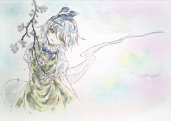  1girl black_bow black_bowtie black_hairband bow bowtie cherry_blossoms collared_shirt commentary_request green_eyes green_skirt green_vest grey_hair hairband highres hitodama ikeda_ruriko konpaku_youmu konpaku_youmu_(ghost) looking_at_viewer open_mouth puffy_short_sleeves puffy_sleeves shirt short_sleeves skirt skirt_set smile solo touhou traditional_media vest white_shirt 