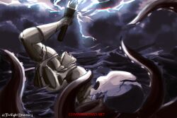  3boys 3girls absurdres adventoftwilight cassie_(shadow_slave) caster_(shadow_slave) character_request check_character chromatic_aberration effie_(shadow_slave) headless_statue highres kai_(shadow_slave) lightning multiple_boys multiple_girls nephis_(shadow_slave) ocean outdoors scenery shadow_slave skull statue sunny_(shadow_slave) tentacles very_wide_shot 