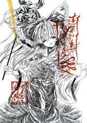  1girl alternate_costume bell bow commentary_request frilled_bow frilled_hair_tubes frills gohei greyscale hair_bow hair_tubes hakama hakama_skirt hakurei_reimu holding holding_gohei ikeda_ruriko japanese_clothes jingle_bell kimono long_hair long_sleeves looking_at_viewer miko monochrome open_mouth skirt smile solo spot_color touhou traditional_media translation_request wide_sleeves 