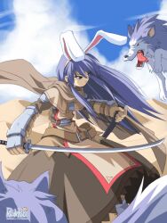  1girl animal animal_ear_hairband animal_ears arm_guards armor bad_id battle belt belt_buckle blue_eyes blue_hair brown_belt brown_capelet brown_dress brown_gloves brown_scarf brown_tabard buckle capelet clouds day dress fake_animal_ears gloves hairband holding holding_sheath holding_sword holding_weapon long_hair long_sidelocks looking_at_animal official_artist_extra open_mouth outdoors rabbit_ears ragnarok_online scarf sheath shoulder_armor sidelocks solo standing sword swordsman_(ragnarok_online) tabard unsheathed weapon wolf yellow_hairband yuichirou 