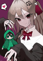  1girl absurdres black_cardigan bow bowtie broken_heart broken_heart_hair_ornament brown_hair cardigan closed_mouth commentary dress_shirt evil_neuro-sama from_side hair_between_eyes hair_ornament hair_ribbon heart highres long_hair long_sleeves looking_at_viewer nail_polish pink_nails puppet_strings red_bow red_bowtie red_eyes red_ribbon ribbon shirt skull_hair_ornament solo speech_bubble spoken_heart two_side_up upper_body vedal987 vedal_ai virtual_youtuber white45838787 white_shirt 