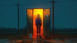  1boy 1other absurdres animal_costume artist_name black_boots black_pants blue_bag boots commentary doorway english_commentary from_behind grey_sky highres hood hoodie landscape mud original outdoors painterly pants power_lines raja_nandepu scenery sheep_costume sky utility_pole 