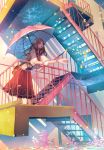  brown_eyes brown_hair candy flower hair_flower hair_ornament leaf leaning_forward long_hair long_skirt looking_up open_mouth original outstretched_hand rain skirt solo stairs surreal tsukioka_tsukiho umbrella water 