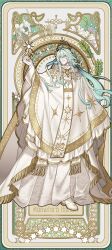  1boy absurdres aiguillette aqua_eyes aqua_hair art_nouveau bird blush border braid bright_pupils brooch call_of_cthulhu character_name colored_eyelashes commentary_request embroidery flower flower_symbol fringe_trim full_body gloves gold_trim green_border hair_between_eyes hair_ribbon halo halo_behind_head hand_up highres infinity_symbol io_(ooioo) jewelry kamishiro_haruhi_(ooioo) leaf lily_(flower) long_hair long_sleeves looking_to_the_side original ornate_border outside_border parted_lips patterned_clothing poncho ribbon robe shirt shoes side_braid simple_background smile solo standing star_(symbol) star_halo star_print sunburst tabard tassel wavy_hair white_background white_border white_flower white_gloves white_lily white_poncho white_pupils white_ribbon white_robe white_shirt white_shoes white_tabard yellow_halo 