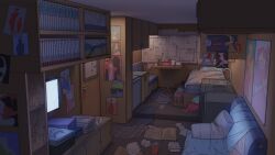  bookshelf couch faucet highres indoors killer_chat! messy_room no_humans non-web_source official_art oven poster_(object) scenery self-datamine sink table trash window 