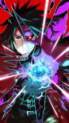  1boy belt belt_buckle black_hair buckle cloak commentary_request final_fantasy final_fantasy_vii final_fantasy_vii_rebirth final_fantasy_vii_remake hair_between_eyes headband highres long_hair looking_at_viewer male_focus multiple_belts parted_lips red_cloak red_eyes red_headband solo spiky_hair star_klef torn_cloak torn_clothes transformation upper_body vincent_valentine yellow_eyes 