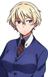  1girl alternate_hair_length alternate_hairstyle bc_freedom_school_uniform blonde_hair blue_cardigan blue_eyes blue_necktie cardigan commentary diagonal-striped_clothes diagonal-striped_necktie dress_shirt em_(totsuzen_no_hakike) girls_und_panzer looking_at_viewer necktie oshida_(girls_und_panzer) red_necktie school_uniform shirt short_hair simple_background solo striped_clothes upper_body white_background white_shirt wing_collar 