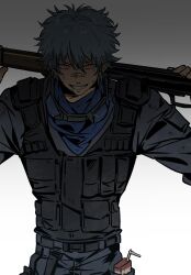  1boy blue_shirt bulletproof_vest gintama gun hashtag-only_commentary highres holding holding_gun holding_weapon male_focus messy_hair red_eyes sakata_gintoki shirt solo weapon white_hair yazi10100626 