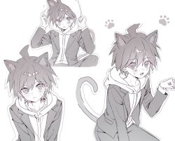  1boy adjusting_hood ahoge animal_ears bishounen blush buttons cat_ears cat_tail closed_mouth collarbone commentary_request danganronpa_(series) fake_animal_ears flustered furrowed_brow greyscale hair_between_eyes highres hood hood_down hood_up hoodie jacket kn0309dg lapels long_sleeves looking_at_viewer male_focus monochrome motion_lines multiple_views naegi_makoto notched_lapels one_ear_covered open_clothes open_jacket open_mouth outline pants paw_pose paw_print paw_print_background pocket short_hair small_sweatdrop tail white_background zipper 