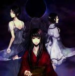  asou_misaki back black_eyes black_hair black_legwear blush brown_eyes doll dress eclipse fatal_frame fatal_frame_4 ghost haibara_sakuya happy japanese_clothes kimono koko_(oyasuminasai) long_hair miya_(fatal_frame) moon multiple_girls multiple_persona obi open_mouth short_dress smile solar_eclipse tears thigh-highs thighhighs time_paradox young 