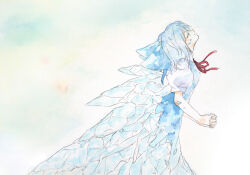  1girl blue_bow blue_dress blue_hair bow cirno closed_eyes closed_mouth collared_shirt commentary_request dress frozen hair_bow highres ice ikeda_ruriko interlocked_fingers neck_ribbon own_hands_together puffy_short_sleeves puffy_sleeves red_ribbon ribbon shirt short_sleeves smile solo touhou white_shirt 