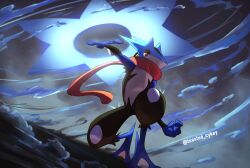  1other cyke frog furry greninja long_tongue mega_greninja mega_pokemon ninja pink_eyes pokemon pokemon_(creature) pokemon_focus red_eyes scarf shuriken solo tongue tongue_scarf very_long_tongue water weapon webbed_feet 