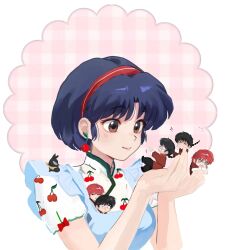  ! !! >_< 1boy 2girls @_@ black_hair blue_eyes blue_hair braid brown_eyes cherry_print chibi closed_mouth english_commentary food_print fruit_print hairband highres hn_wee holding holding_mini_person mini_person miniboy minigirl multiple_girls p-chan pig ranma-chan ranma_1/2 red_hair red_hairband saotome_ranma single_braid smile tendou_akane 