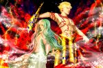  2boys armor blonde_hair chain chains ea_(fate/stay_night) earrings enkidu_(fate/strange_fake) fate/hollow_ataraxia fate/strange_fake fate_(series) gilgamesh green_eyes green_hair jewelry la_la_la_la lightning long_hair multiple_boys necklace red_eyes robe shirtless tattoo 