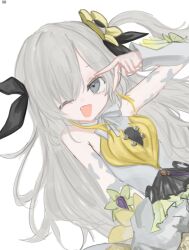  1girl :d bare_shoulders black_bow black_bowtie black_ribbon bow bowtie cevio character_request check_character deeporbitalsky dress dutch_angle flower green_flower grey_dress grey_hair hair_flower hair_ornament hair_ribbon highres isekaijoucho kamitsubaki_studio long_hair looking_at_viewer no_nose one_eye_closed ribbon simple_background sleeveless sleeveless_dress smile solo upper_body v v_over_eye virtual_youtuber white_background yellow_flower 