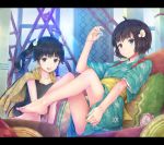  araragi_karen araragi_tsukihi barefoot black_hair block blue_eyes feet fried_egg hair_ornament hooded_track_jacket hourainingyou jacket japanese_clothes kimono ladder letterboxed long_hair monogatari_(series) multiple_girls nisemonogatari open_mouth pillow purple_eyes short_hair side_ponytail sitting smile toes violet_eyes 