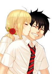  1girl ao_no_exorcist black_hair cheek_kiss closed_eyes eyes_closed fang flower gchi grin hair_flower hair_ornament kiss md5_mismatch moriyama_shiemi okumura_rin simple_background smile transparent_background 