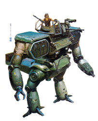  1980s_(style) 1boy arm_cannon belt cable cannon commentary_request damaged dirty explosive exposed_internal_machinery facial_hair gatling_gun gloves goggles grenade gun helmet highres lamp machine_gun manly mecha mg42 mustache official_art open_cockpit painting_(medium) pilot_helmet pincers promotional_art realistic retro_artstyle robot rocket_launcher scan science_fiction sentou_mecha_xabungle smoke_grenade_launcher takani_yoshiyuki traditional_media translation_request vest walker_(robot) weapon white_background 