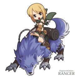 1girl animal belt belt_pouch black_belt blonde_hair boots brown_boots chain character_name copyright_name deformed fingerless_gloves gloves green_eyes green_gloves green_scarf green_shorts green_tube_top holding holding_chain lowres medium_hair official_artist_extra open_mouth pouch ragnarok_online ranger_(ragnarok_online) riding riding_animal scar scar_across_eye scar_on_face scarf shorts simple_background solo strapless tube_top v-shaped_eyebrows white_background wolf yuichirou 