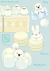  animal bear bear_cub bird blue_background cake cake_slice candy chocolate chocolate_cake closed_eyes commentary_request dog english_text food icing lilac_(p-f_easy) long-tailed_tit macaron marshmallow no_humans on_food original polar_bear rabbit shiba_inu simple_background tit_(bird) white_chocolate white_day 