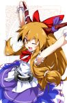  armpits arms_up bow fang hair_bow hong_(white_spider) horns ibuki_suika open_mouth skirt solo touhou wink wrist_cuffs yellow_eyes 