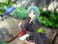  1girl :d animal bashou_(senran_kagura) bird black_cloak black_kimono black_thighhighs bluebird blunt_tresses blush branch breasts bush calligraphy_brush cloak falling_leaves flower grass green_hair hair_flower hair_ornament holding holding_calligraphy_brush holding_paintbrush holding_paper hood japanese_clothes kimono large_breasts leaf long_hair miniskirt obi obijime official_alternate_costume official_art open_mouth paintbrush paper path pink_flower plant pleated_skirt purple_skirt rock sash senran_kagura senran_kagura_new_link senran_kagura_new_wave short_kimono skirt smile sparkle thigh-highs tree violet_eyes 