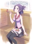  1girl absurdres alternate_hairstyle bakemonogatari blue_eyes chopsticks crab hatikou highres long_hair lunchbox monogatari_(series) obentou purple_hair school_uniform senjougahara_hitagi sleeves_rolled_up thighhighs 