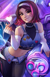  1girl artist_logo biting_own_lip black_pants blue_sports_bra breasts brown_eyes commentary d.va_(overwatch) dazzle_d.va elbow_gloves english_commentary facial_mark finger_heart fingerless_gloves gloves hairband halterneck leaning_forward logo looking_at_viewer mecha meka_(overwatch) midriff momo-deary multicolored_hair navel official_alternate_costume official_alternate_hair_color official_alternate_hair_length official_alternate_hairstyle overwatch paid_reward_available pants perfect_night_(le_sserafim) pink_hair purple_hair robot short_hair side-seamed_gloves silver_choker small_breasts solo sports_bra two-tone_hair whisker_markings white_gloves white_hairband 