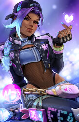  1girl artist_logo backwards_hat black_jacket black_leggings blue_hair braid brown_eyes brown_lips cellphone commentary crop_top cropped_jacket dark-skinned_female dark_skin denim denim_shorts english_commentary facial_mark fanny_pack finger_heart fingerless_gloves fishnet_leotard fishnets gloves gradient_hair halterneck hat head_tilt hologram jacket leggings leotard leotard_under_clothes lightstick logo long_hair looking_at_viewer lowleg lowleg_shorts momo-deary multicolored_hair multiple_braids navel official_alternate_costume official_alternate_hairstyle overwatch paid_reward_available perfect_night_(le_sserafim) phone purple_hair shorts shoulder_pads sitting slay_star_sombra smartphone solo sombra_(overwatch) transparent_leotard two-tone_hair unzipped variant_set x_(symbol) x_facial_mark 