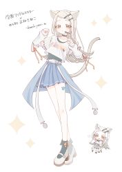  1girl absurdres animal_collar animal_ears arm_warmers belt black_collar black_shirt blonde_hair blue_skirt cat_ears cat_girl cat_tail chibi clothes_writing collar collarbone colored_eyelashes commentary_request flipped_hair full_body gakuen_idolmaster hair_ornament hairclip hands_up headset high_heels highres idolmaster kemonomimi_mode long_hair looking_at_viewer marieshi orange_eyes parallel_hairclips pleated_skirt shinosawa_hiro shirt shoes short_sleeves showgirl_skirt skirt swept_bangs tail translation_request undershirt white_arm_warmers white_background white_belt white_shirt white_shoes 