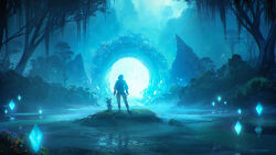  1boy 1other absurdres animal_costume black_pants blue_bag bush commentary crystal_shards english_commentary fantasy floating floating_object from_behind grass headphones highres hood hoodie jungle landscape magic moss nature original painterly pants pond portal_(object) raja_nandepu robot scenery sheep_costume tree white_hoodie 