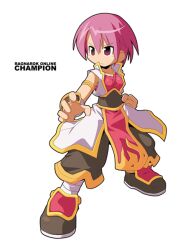  1girl belt black_belt black_pants black_shoes champion_(ragnarok_online) character_name clenched_hand closed_mouth coat copyright_name fighting_stance full_body legs_apart official_art open_clothes open_coat pants pelvic_curtain pink_eyes pink_hair pink_shirt ragnarok_online shirt shoes short_hair simple_background sleeveless sleeveless_coat sleeveless_shirt socks solo standing white_background white_coat white_socks wristband yuichirou 