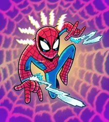  1boy abstract_background animal_print blue_bodysuit bodysuit dan_hipp dynamic_pose game_cg jumping lightning_bolt_symbol male_focus marvel multicolored_bodysuit official_art print_bodysuit red_bodysuit silk spider-man spider-man_(series) spider_print spider_web spider_web_print superhero_costume toon_(style) two-tone_bodysuit web_shooter 