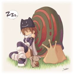  1girl ambernite animal assassin_(ragnarok_online) black_gloves black_hat black_shirt black_shoes black_thighhighs brown_hair brown_skirt closed_eyes elbow_gloves gloves grass hat leaning_on_animal leg_warmers nut_(food) official_art open_mouth oversized_animal ragnarok_online sash scarf shirt shoes short_hair signature sitting skirt sleeping sleeping_upright snail speech_bubble spoken_zzz squirrel thigh-highs white_leg_warmers white_sash white_scarf yuichirou zzz 
