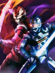  2boys armor armored_bodysuit black_bodysuit bodysuit character_mask chou_uchuu_keiji_gavan_infinity combat_helmet commentary_request compound_eyes energy_sword full_armor gavan gavan_infinity gavarion_blade glowing glowing_eyes helmet highres holding holding_sword holding_weapon lightsaber male_focus mask metal_hero multiple_boys red_armor red_bodysuit red_helmet science_fiction sword tokusatsu uchuu_keiji_gavan weapon yakitori_mayu 