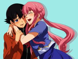  amano_yukiteru black_hair blue_eyes blush couple gasai_yuno happy hug jacket long_hair mirai_nikki open_mouth pink_hair short_hair simple_background 