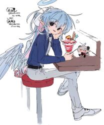  2boys ahoge bar_(place) bar_stool belt black_belt black_eyes blue_halo blue_shirt bow brothers chibi collared_shirt colored_inner_hair commentary dress_shirt dress_shoes elbow_rest feathered_wings food full_body hair_bow halo hand_up head_rest high_ponytail holding holding_spoon looking_at_viewer low_wings multicolored_hair multiple_boys nagisa_(osakanadream) necktie original osakanadream pants parfait pointy_ears ponytail ringed_eyes ruka_(osakanadream) shirt shoes siblings simple_background sitting solo_focus spoon stool translation_request two-tone_hair untranslatable_commentary white_bow white_necktie white_pants white_shoes white_wings wings 