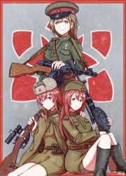  3girls alstroemeria_(idolmaster) bag1945 belt black_boots bolt_action boots brown_belt brown_eyes brown_hair cloak closed_mouth commentary_request dp-27 drum_magazine garrison_cap green_cloak green_hat green_jacket green_skirt gun gun_sling hat holding holding_gun holding_weapon idolmaster idolmaster_shiny_colors jacket knees_up kuwayama_chiyuki light_machine_gun long_hair long_sleeves looking_at_viewer machine_gun magazine_(weapon) military military_uniform mosin-nagant multiple_girls osaki_amana osaki_tenka peaked_cap ppsh-41 red_hair rifle scope sitting skirt smile soviet soviet_army standing submachine_gun ushanka weapon 