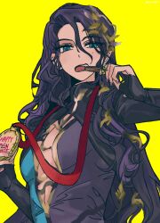  1girl athletic_leotard black_hair blue_eyes blue_leotard chocolate cleavage_cutout clothing_cutout commentary_request eating food food_in_mouth hair_ornament hands_up highres holding holding_chocolate holding_food holding_medal kim_8thhh korean_commentary leaf_hair_ornament leotard long_hair long_sleeves looking_at_viewer mole mole_under_eye open_mouth reverse:1999 simple_background solo teeth twitter_username upper_body willow yellow_background 