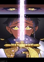  1girl afro_puffs black_hair dark-skinned_female dark_skin desscaras earrings eye_focus gloves glowing glowing_sword glowing_weapon highres holding holding_sword holding_weapon jewelry kayowacool007 long_hair madan_no_ichi sword twintails upper_body very_dark_skin weapon yellow_eyes 