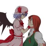  bat_wings blue_hair braid dress green_eyes hair_ribbon hands_on_another&#039;s_face hands_on_another's_face hong_meiling long_hair looking_at_another multiple_girls neko_majin no_hat no_headwear profile red_eyes red_hair redhead remilia_scarlet ribbon short_hair simple_background smile tears torn_clothes touhou white_background wings 