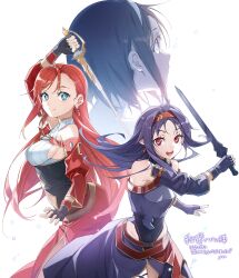  3girls :d absurdres ahoge arm_up armor artist_name bare_shoulders black_dress black_gloves blue_eyes boots breastplate breasts brown_hair closed_mouth clothing_cutout commentary_request commission covered_navel cowboy_shot detached_sleeves dress fingerless_gloves floating_hair from_side gloves groin hairband hands_up head_only headband highleg highleg_leotard highres holding holding_sword holding_weapon konno_yuuki_(sao) large_breasts leotard long_hair looking_ahead looking_at_viewer looking_up multicolored_dress multicolored_gloves multiple_girls obsidian_slasher open_mouth original parted_bangs purple_armor purple_boots purple_gloves purple_hair purple_leotard purple_sarong purple_sleeves raised_eyebrows red_dress red_eyes red_gloves red_hair red_headband red_sleeves sarong second-party_source shoulder_cutout side_slit sideboob sidelocks signature simple_background skeb_commission smile stomach_cutout straight_hair sword teeth thigh_boots time_paradox tongue translation_request two-tone_gloves weapon white_background white_dress white_hairband yoru_kiri yuuki_(sao) 