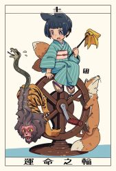  1girl animal animal_ears black_hair blue_kimono brown_background brown_eyes brown_sandals chimera commentary_request commission duster fox fox_ears fox_girl fox_tail holding japanese_clothes kimono kitsune kukuri_(mawaru) long_sleeves mawaru_(mawaru) obi open_mouth original sandals sash sitting skeb_commission solo striped_clothes striped_kimono tail translation_request vertical-striped_clothes vertical-striped_kimono wide_sleeves zouri 