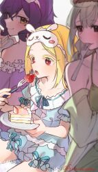  3girls araga_kiwi bare_shoulders birthday birthday_cake blonde_hair blue_dress cake collarbone commentary_request dress food fork frilled_dress frills fuurinura highres hiiragi_utena holding holding_fork holding_plate long_hair mahou_shoujo_ni_akogarete mask mask_on_head medium_hair morino_korisu multiple_girls off-shoulder_dress off_shoulder open_mouth plate purple_hair red_eyes simple_background sleep_mask smile strawberry_shortcake twitter_username utensil_in_mouth white_background yellow_eyes 
