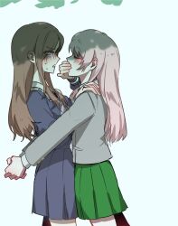  2girls absurdres arms_around_waist bang_dream! bang_dream!_it's_mygo!!!!! blazer blue_eyes blue_serafuku blue_shirt blue_skirt brown_hair buyu_0421 chihaya_anon closed_eyes commentary covering_another's_mouth cowboy_shot green_skirt grey_jacket hand_on_another's_shoulder hand_over_another's_mouth haneoka_school_uniform highres jacket korean_commentary long_hair long_sidelocks miniskirt multiple_girls nagasaki_soyo open_mouth pink_hair pleated_skirt profile rejected_kiss sailor_collar school_uniform serafuku shirt sidelocks simple_background skirt tsukinomori_school_uniform white_background white_sailor_collar winter_uniform 