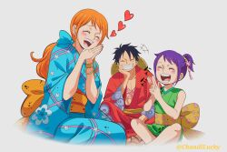  1boy 2girls absurdres bangle bare_shoulders black_hair blue_kimono blue_ribbon blush bracelet chandllucky closed_eyes commentary cross_scar earrings english_commentary green_kimono grin hair_ornament hair_ribbon happy hat heart highres indian_style japanese_clothes jewelry kimono kurozumi_tama log_pose long_hair monkey_d._luffy multiple_girls nami_(one_piece) official_alternate_costume official_alternate_hairstyle one_piece open_mouth orange_hair own_hands_together pearl_earrings ponytail purple_hair red_kimono ribbon sandals scar scar_on_cheek scar_on_chest scar_on_face simple_background sitting sleeveless sleeveless_kimono smile straw_hat teeth twitter_username 