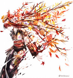  1girl autumn black_kimono commentary_request flower hair_branch hair_flower hair_ornament highres japanese_clothes kimono leaf long_hair long_sleeves obi original red_eyes red_hair red_sash sash solo sushi_(sashimise) twitter_username white_background 